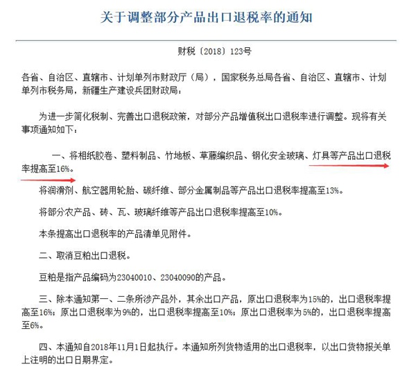 好消息：燈具出口退稅率提高至16%，11月1日起執(zhí)行